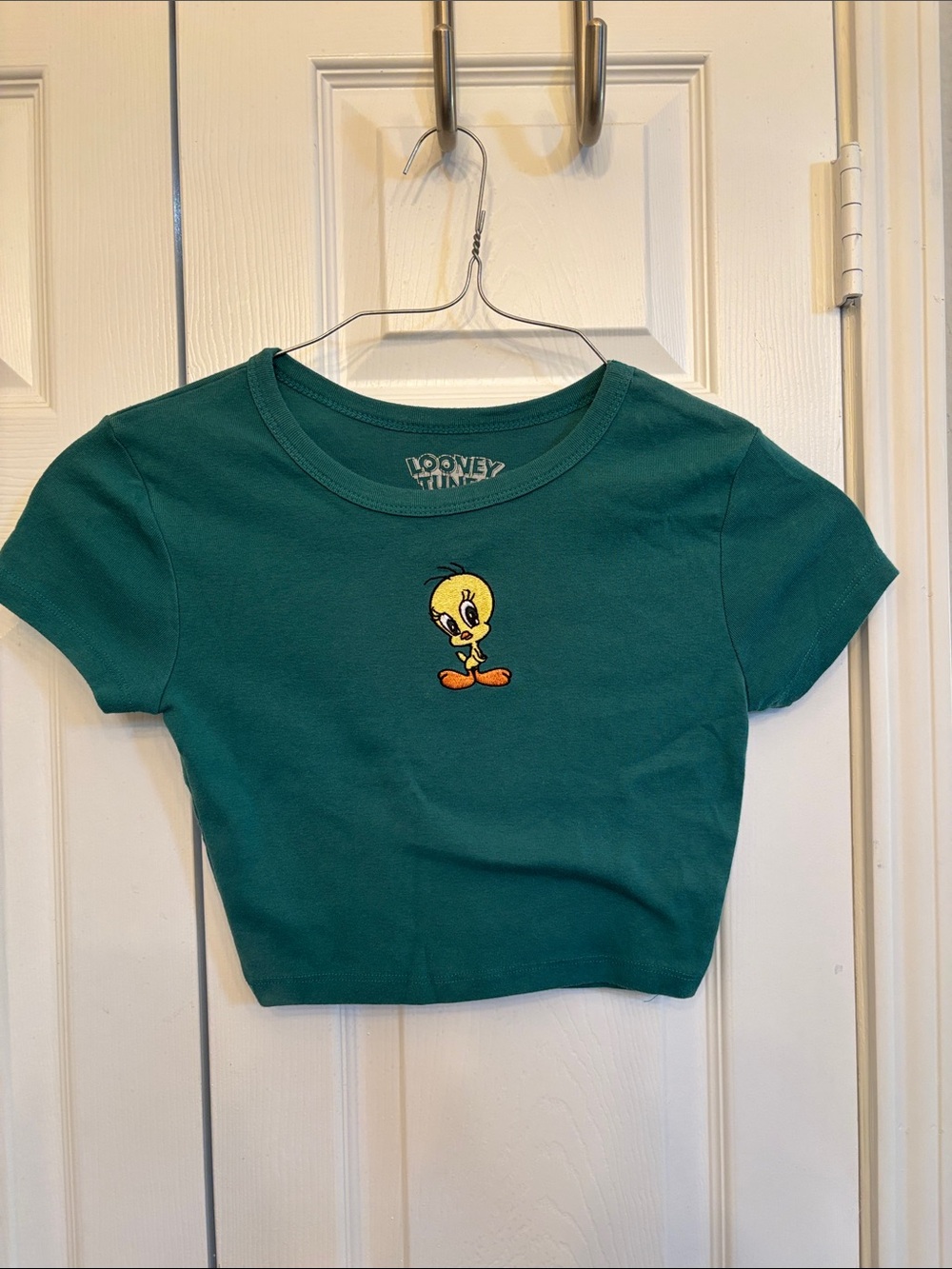 Warner Bros. Teal Cropped Tee with Tweety Embroidered Patch